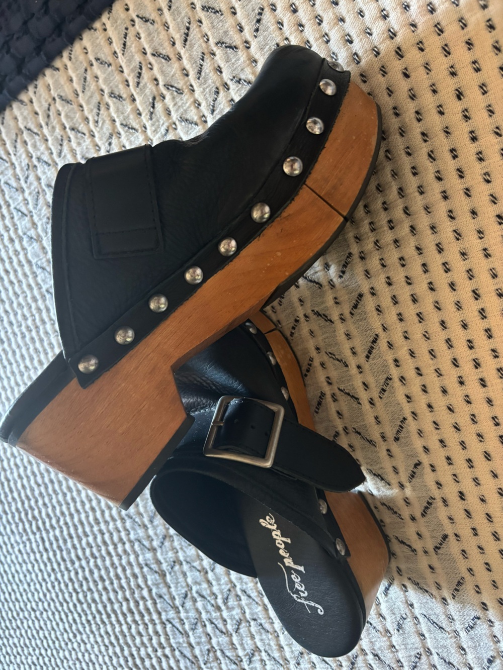 Free People Black Studded Leather Platform Clogs with Buckle